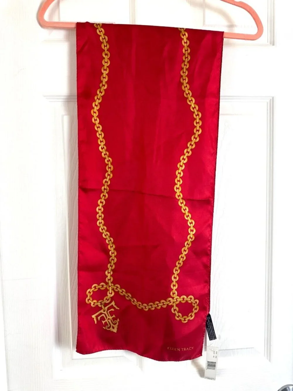 Vibrant Rectangle Red with Gold Chain 100% Silk Scarf Ellen Tracy
